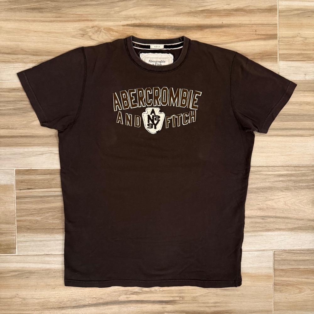 Vintage Abercrombie and Fitch Spellout Graphic Crest T-Shirt Brown Men Sz M